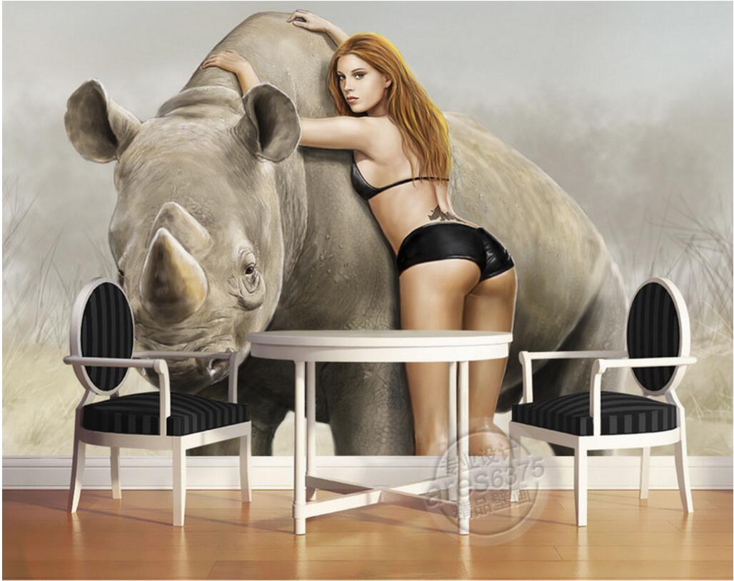 

WDBH 3d wallpaper custom photo Hand-painted oil painting rhinoceros sexy beauty and beast home decor 3d wall muals wall paper for walls 3 d, Non-woven