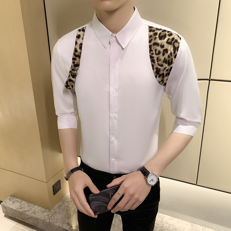 

Summer Sexy Leopard Print Patchwork Shirt Men All Match Half Sleeve Men Casual Shirts Slim Fit Streetwear/Club Tuxedo Blouse, Black