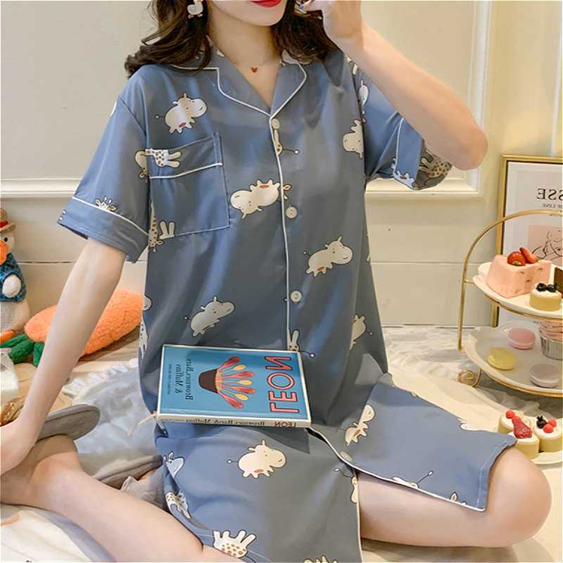 

2020 Women's New Shirt Sexy Nightdress Ice Silk Woman Nightgown Sleepwear Cute Cartoon Printed Cardigan Long Girl Home Clothes, Hxl-604lxl