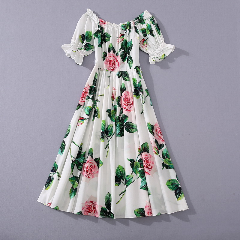 

European and American women' wear 2020 summer new style Flared sleeve one-collar rose floral print Fashionable dress, White