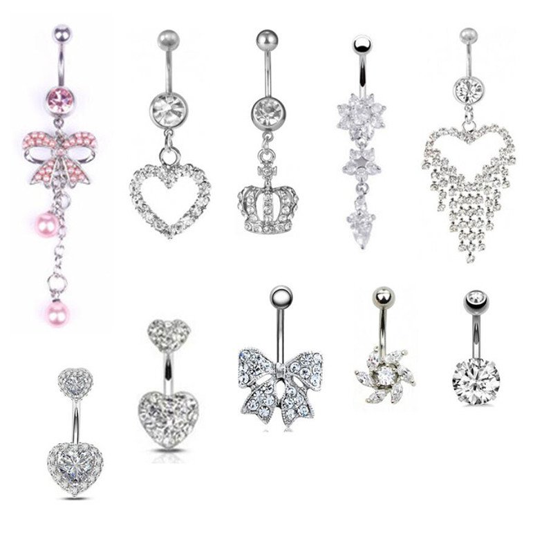 

10Pcs Dangle Belly Button Rings Kit Fashionable Stainless Steel Navel Barbells CZ Body Piercing Jewellery For Women