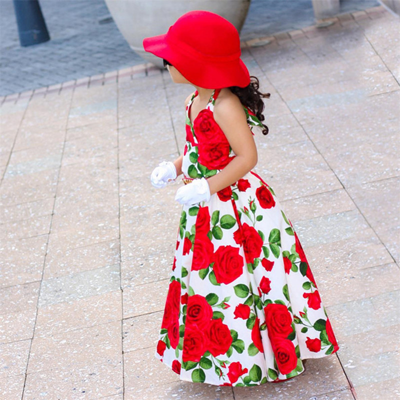 

Flower Floral Blossom Dress Cute Kid Red Long Dresses 2-6 Years Baby Girl Rose Beach Backless Strapless Summer Princess Children, Beige