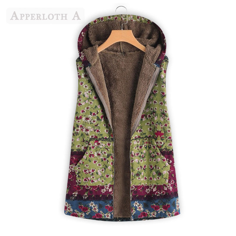 

5XL Spring Autumn Fleece Jacket Vest Women' Cotton Linen Vintage Flower Print Warm Hooded Coat Plus Size Waistcoat Female, Green