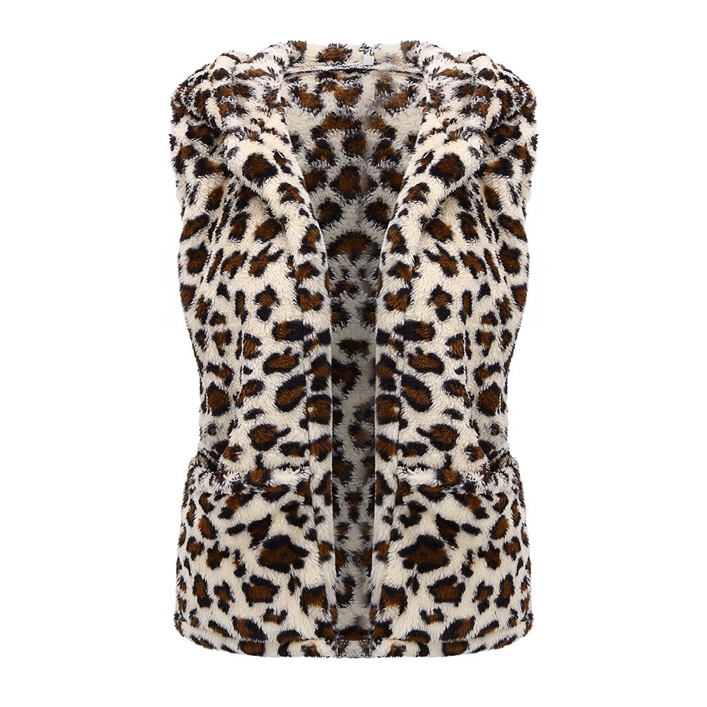 

Faux Fur Vest Top Leopard Print Winter Jacket Women Outwear Cardigan Loose Hooded Pocket Coat Plush Long Sleeve Jacket #YL10, White