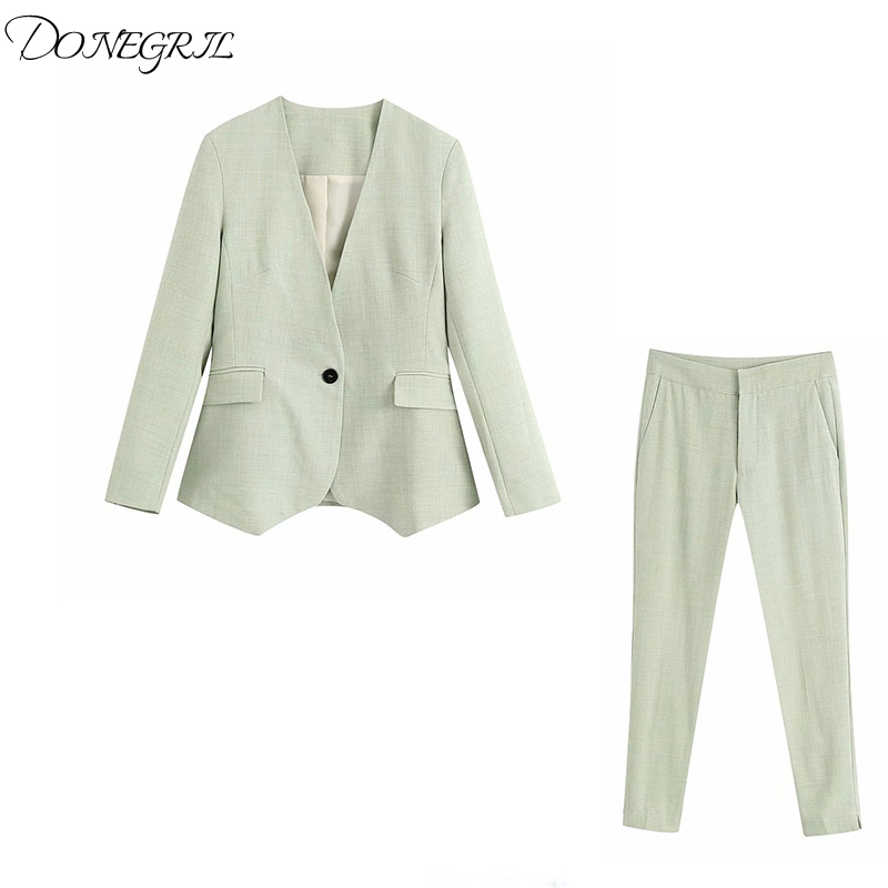 

2020 New Autumn Summer Suits Women Two Piece Set Blazer V-Neck Single Button Trousers High-Waist Ensemble Femme Chandal Mujer, Pants