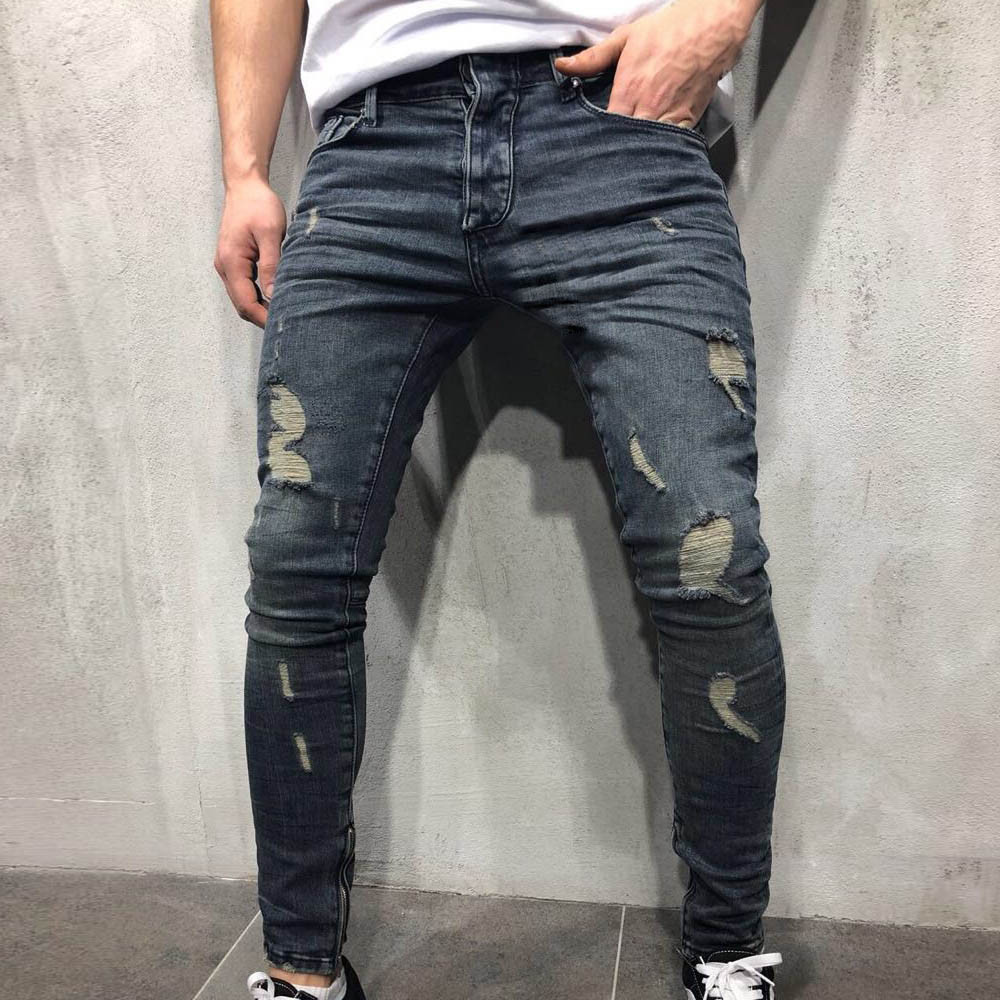 

Januarysnow Skinny Jeans Men Clothes Autumn Denim Cotton Straight Ripped Hole Trousers Distressed Jeans Pants Denim Male, Blue