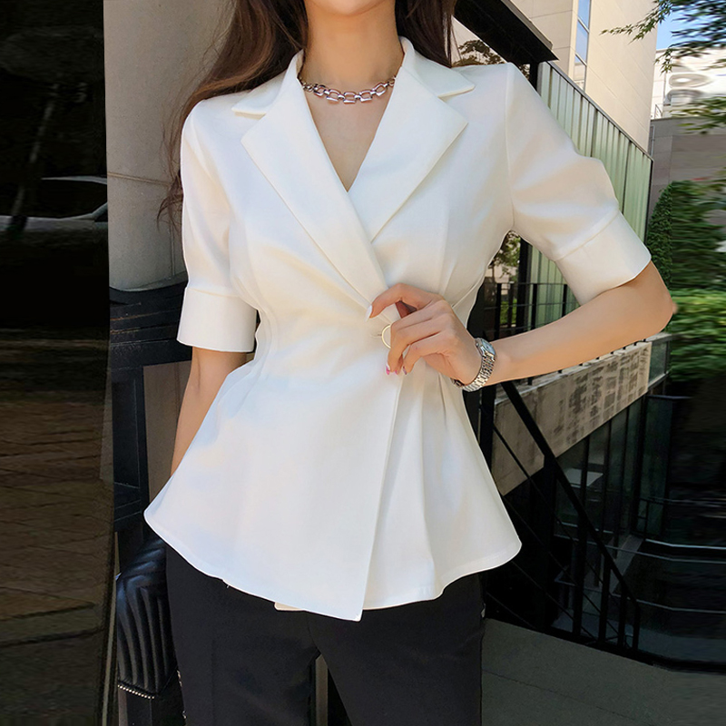 

summer short sleeve Blazer women Elegant Slim Waist Female Suit Jacket Summer Casual Women Outwear Tops vs270, Black