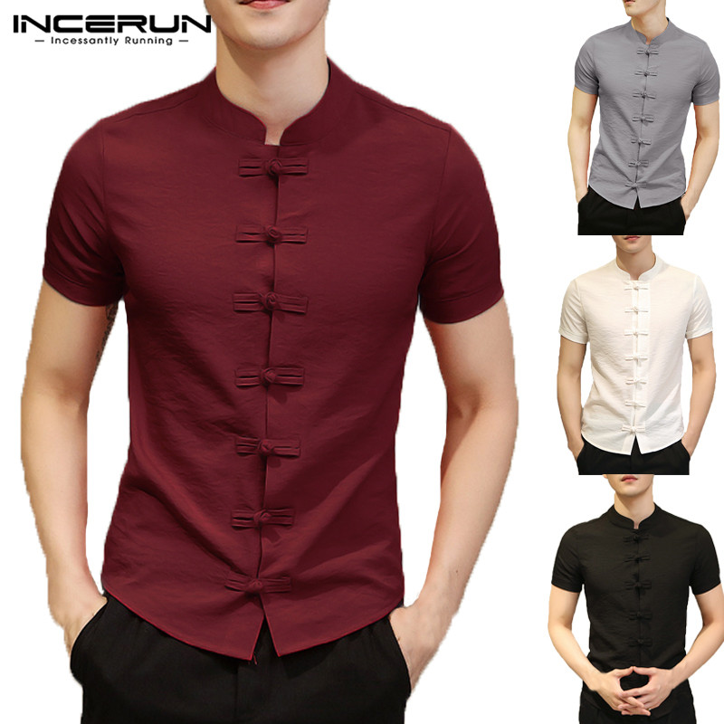 

2019 Vintage Mens Shirts Dress Short Sleeve Button Down Slim Fit Summer Chinese Style Tee Tops Male Clothing Camisas Masculina, Black