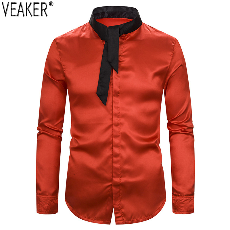 

2019 Zijde Satijn Bedrijvengids Party Shirt Mannelijke Slim Fit Lange Mouwen Rood Wit Enkele Breasted Wedding Shirt tops -2XL, Red