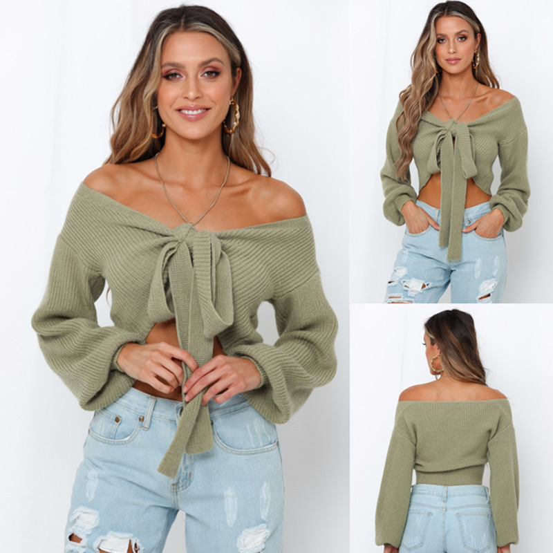 

Women' Fashion Solid Color Off Shoulder Crop Sweater, Army green