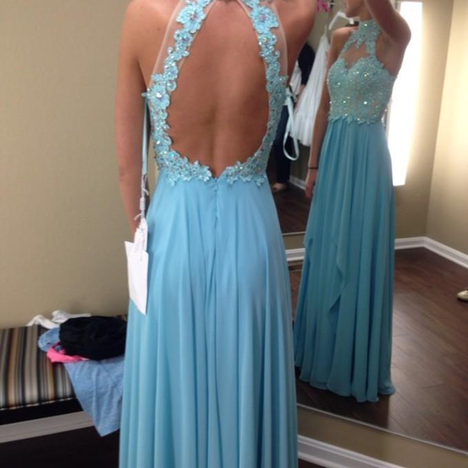 

Sky Blue High Neck Appliqued Prom Dresses A line Beaded Chiffon Backless Party Dress Evening Gowns Custom Made Sheer High Quality 123, Purple