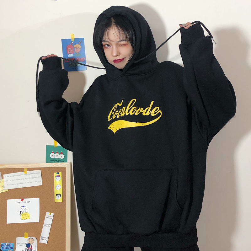 

women's Hoodies oversize sweater trend autumn loose sweatshirts lazy style large pocket plus velvet hooded shirt letter printing fleeces hoody, Black