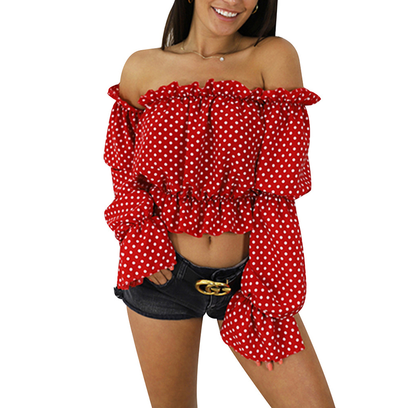 

Women Print Chiffon Shirt Summer One-neck Tube Top Long Sleeve Blouses Loose Lantern Sleeve Short Shirt Streetwear Female, Bs0291-5