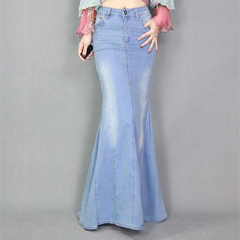 

Europe Fashion Expansion Bottom Fishtail Floor Length Long Denim Skirt Women Split Maxi Mermaid Female Casual Skirts, Blue