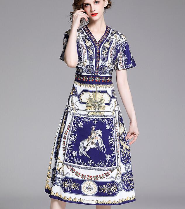 

French retro horse printed white blue scarf women dresses street style dresses summer V neck A-line knee-length short sleeve, Multi
