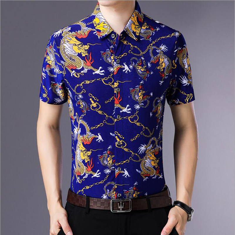 

Summer Men VogueSlim Fit Short Sleeve Hawaiian Shirt Men Dragon Print Shirt Nice M-5XL, Blue