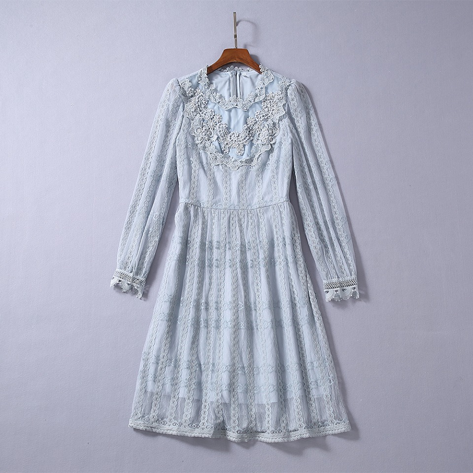 

Milan Runway Dress 2020 Spring Summer O Neck Long Sleeve Lace Designer Dress Brand Same Style Dress 0306-14, Picture color