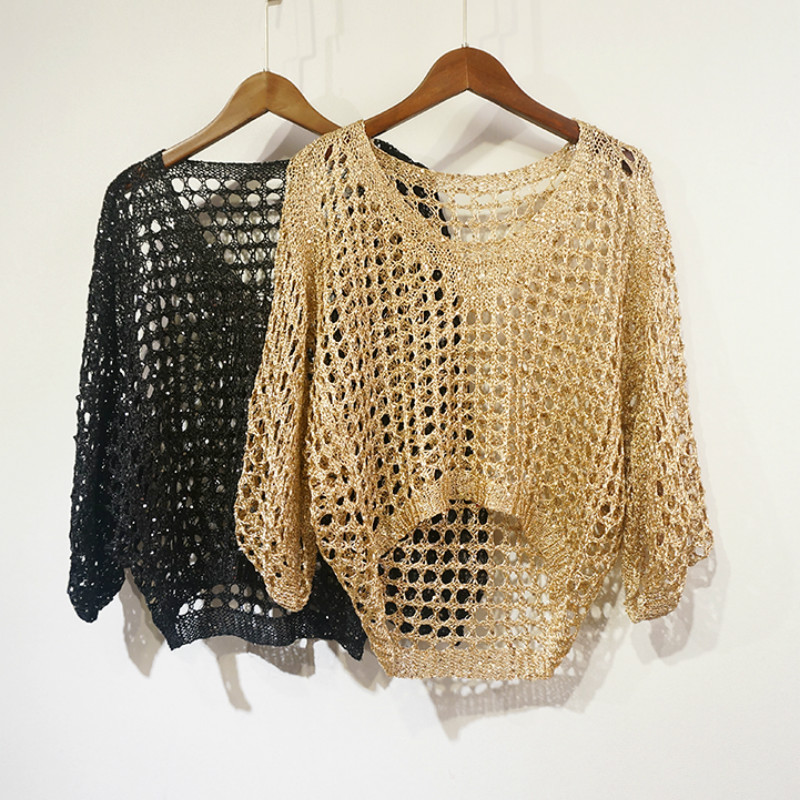 

Autumn Women Hollow Out Sequined Pullovers Lady Loose Bling Bling Sequins Blouses Woman Shiny Gold Pullover Tops, Black