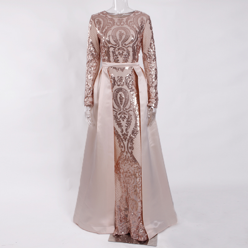 

Gold Sequined O Neck Evening Party Dress Ball Gown Long Sleeved Floor Length Maxi Dress, As pic