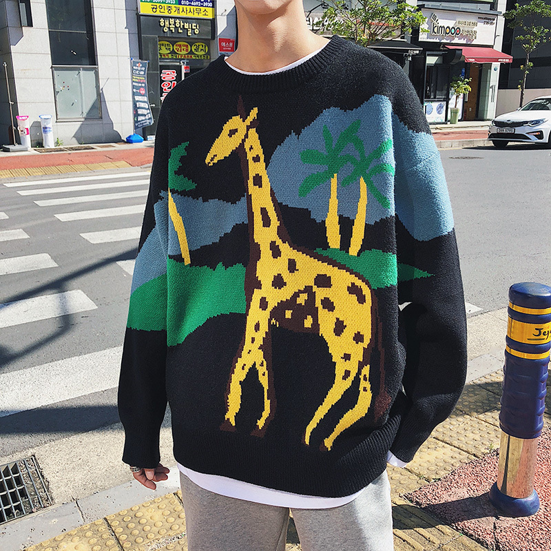 

2019 Autumn And Winter New Korean Version Of The Men's European And American Printing Loose Cartoon Casual Pullover Sweater, Black