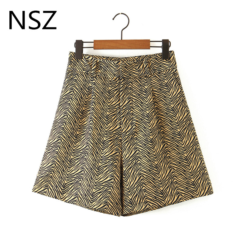 

NSZ women zebra print animal shorts high waist vintage pocket a-line female chic shorts ladies bottom office ladies, Brown