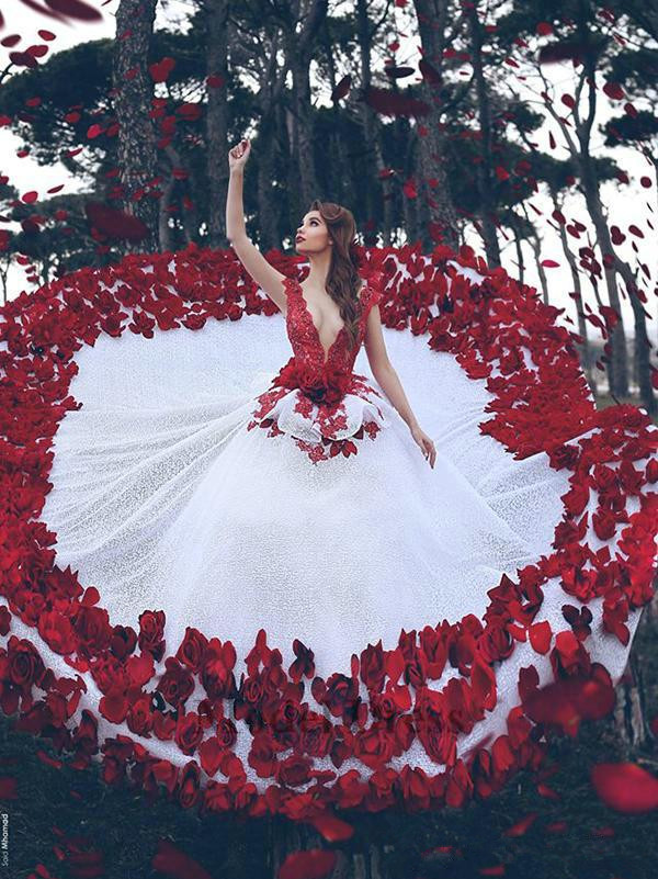 

Red and White Wedding Dresses with 3D Handmade Flowers Peplum Sexy Deep V Neck Saudi Arab Women Dresses for Wedding Party Gown, Custom made from color chart