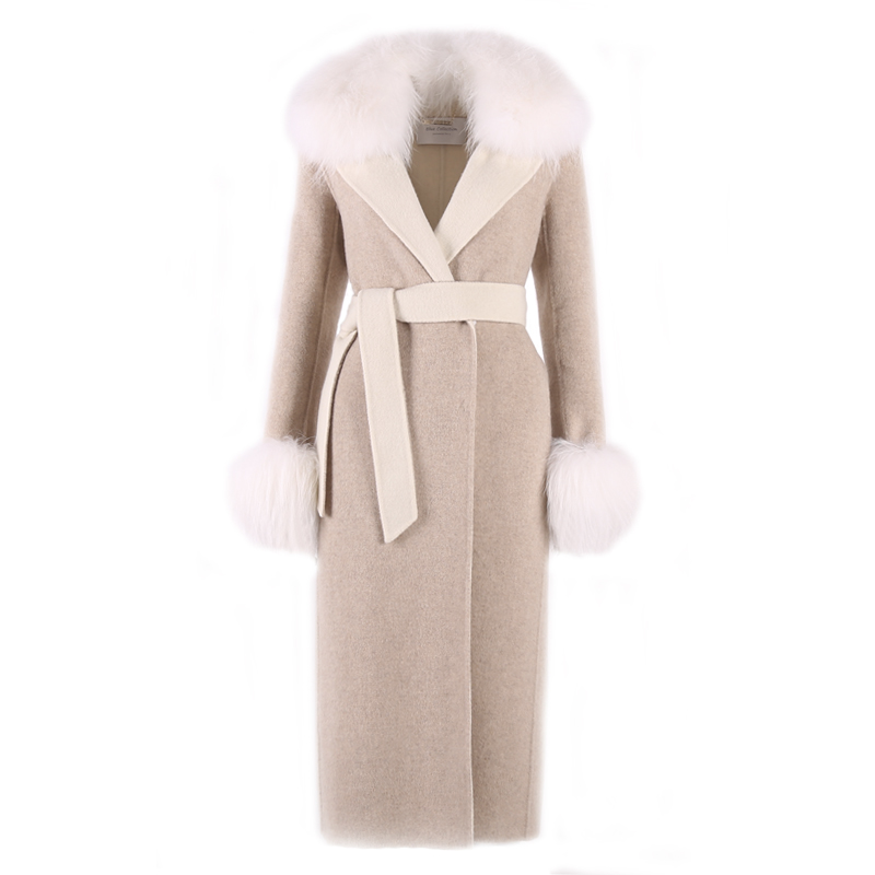 

New Year's war dress pure white mule hair two-color fur tie coat, Camel
