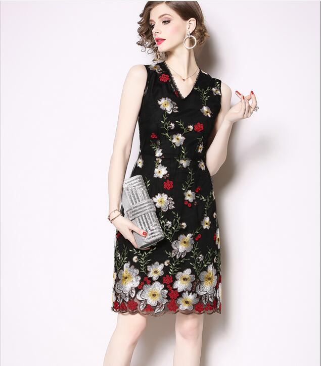 

Summer Black V neck Flora Embroidered lace mini dresses street style dresses Knee-Length sleeveless girl skirts