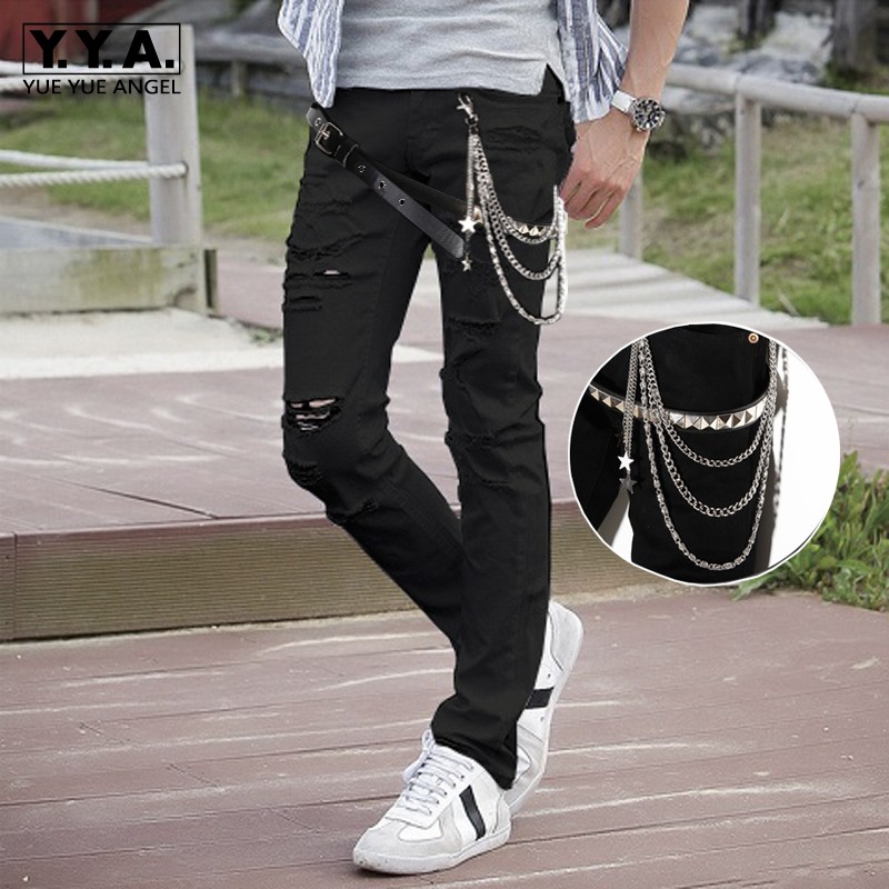 

Street Hole Ripped Jeans Men Fashion 2020 Chains Slim Denim Pencil Pants Personality Rivets Punk Black White Zipper Trousers, Black 401