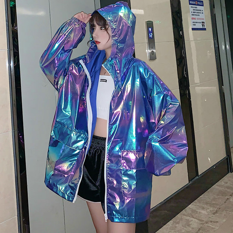 

Korean Hooded Windbreaker Jacket Womens Spring Autumn Loose Shiny laser Jackets Plus Size Pockets Basic Coat Ladies Outerwear, White