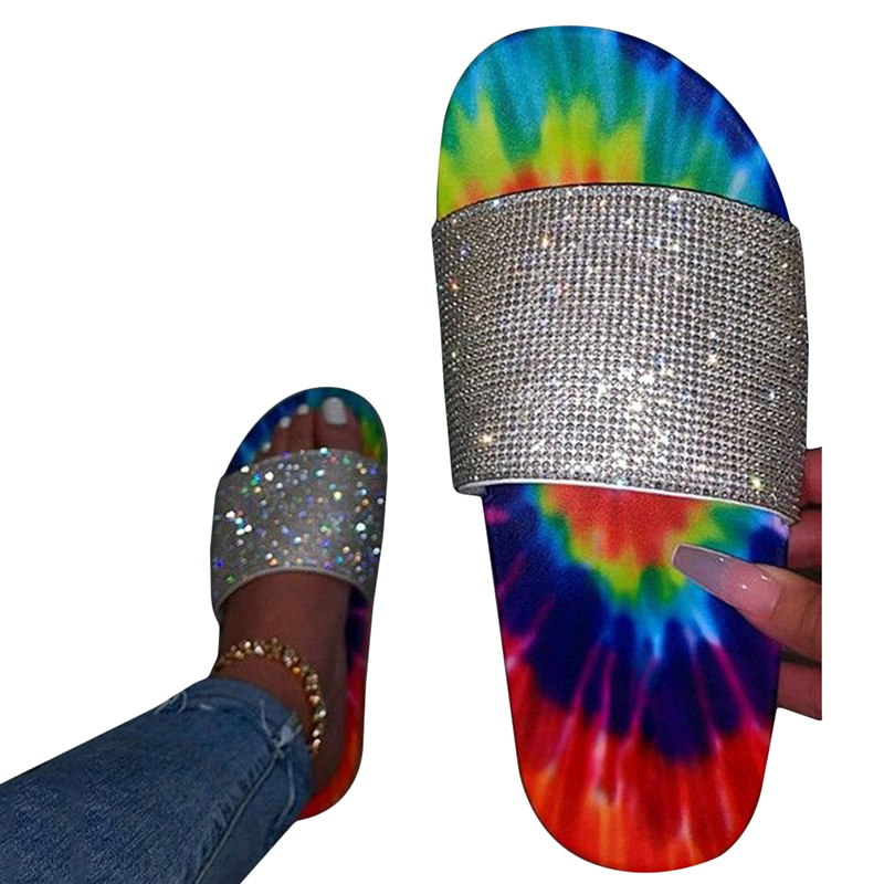 

Women Summer Slippers Open Toe Plus Size Sandals Rhinestone Color Flat Slippers Fashion Ladies Wild Beach Flip Flop Shoes, Type 1