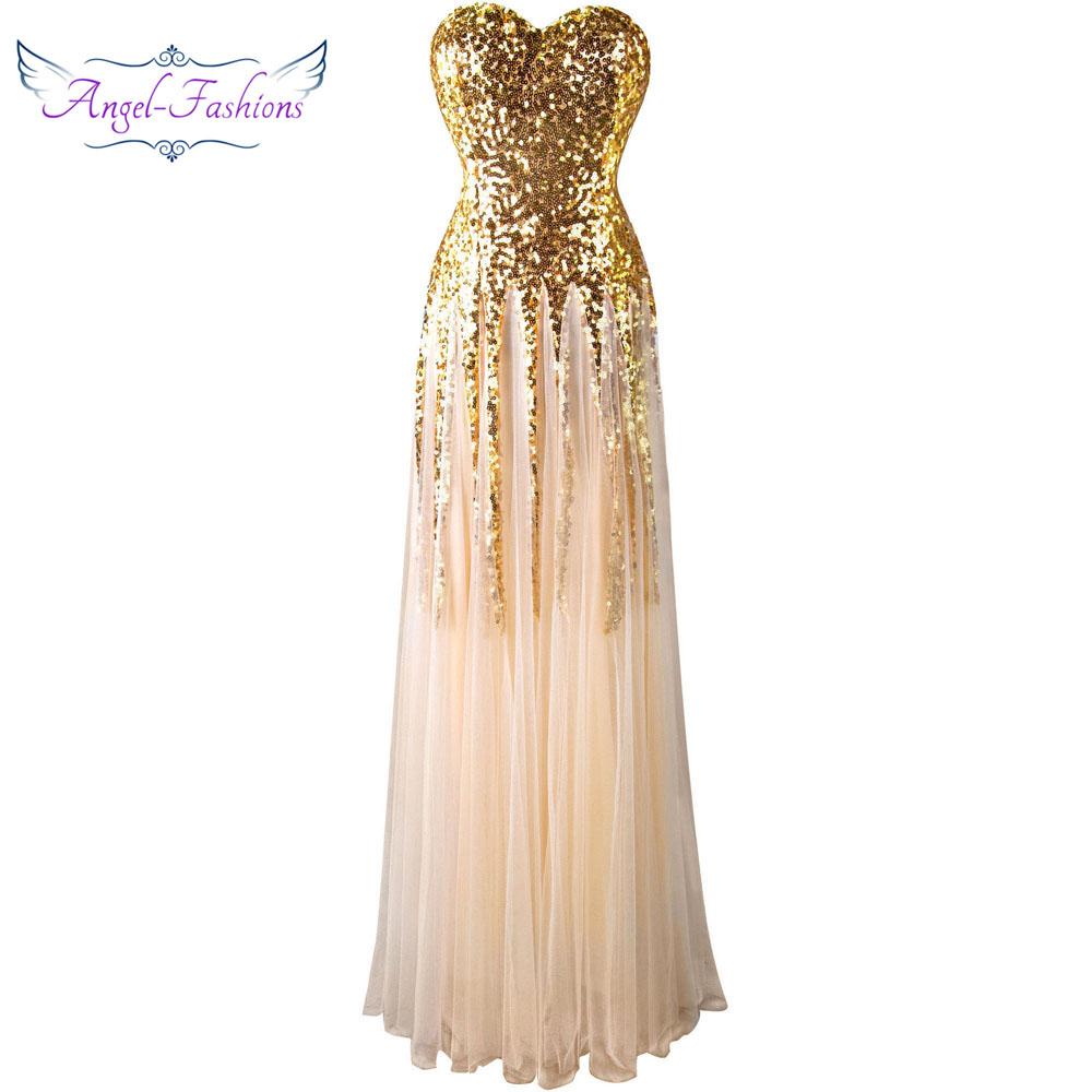 

Angel-fashions Sweetheart Vintage 1920s Golden Sequins Long Evening Dress 106, Golden 106