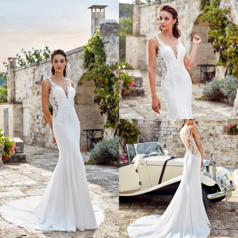 

Eddy K 2019 Mermaid Wedding Dresses V Neck Lace Appliques Satin Sweep Train Long Bridal Gowns Plus Size Beach Boho robe de mariée, Custom made from color chart