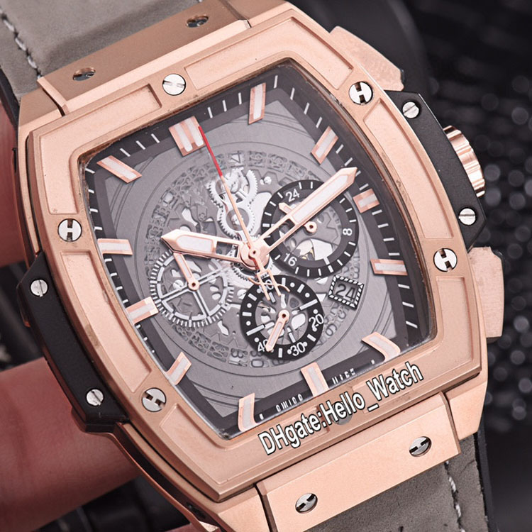 

New Spirit Rose Gold Case Date 601 Gray Skeleton Dial Miyota Quartz Chronograph Mens Watch Stopwatch Gray Leather Strap Watches Hello_watch, Custom waterproof service