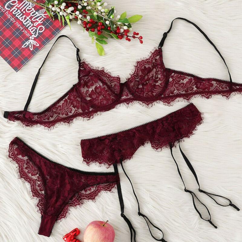 

Sexy Womens Sissy/Sexy Lingerie Sets Female Garters+ Bras+G-string 3Pcs Exotic Sets Babydoll Sleepwear Nightwear Underwear Femme, Green