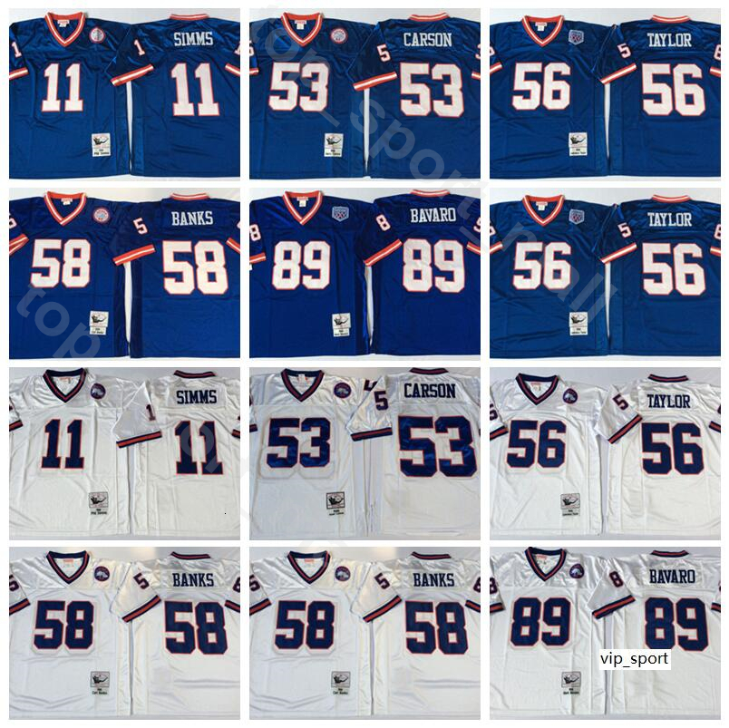 

NCAA Football 56 Lawrence Taylor 89 Mark Bavaro Jerseys 11 Phil Simms 53 Harry Carson 58 Carl Banks Man Vintage Blue White, 53 blue