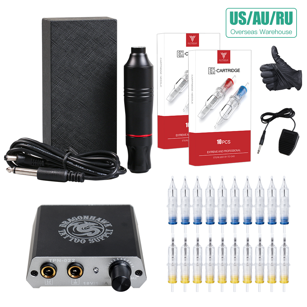 

Complete Beginner Tattoo Kit Set Motor Pen Machine USA Gun Power Supply Needles T200609