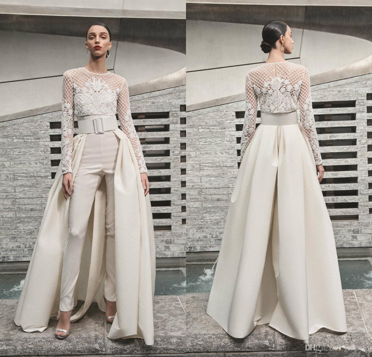 

2019 Naeem Khan Wedding Dresses Jumpsuits Long Sleeve Lace With Detachable Train Beach Bridal Gowns Pants Suits robe de mariée, White