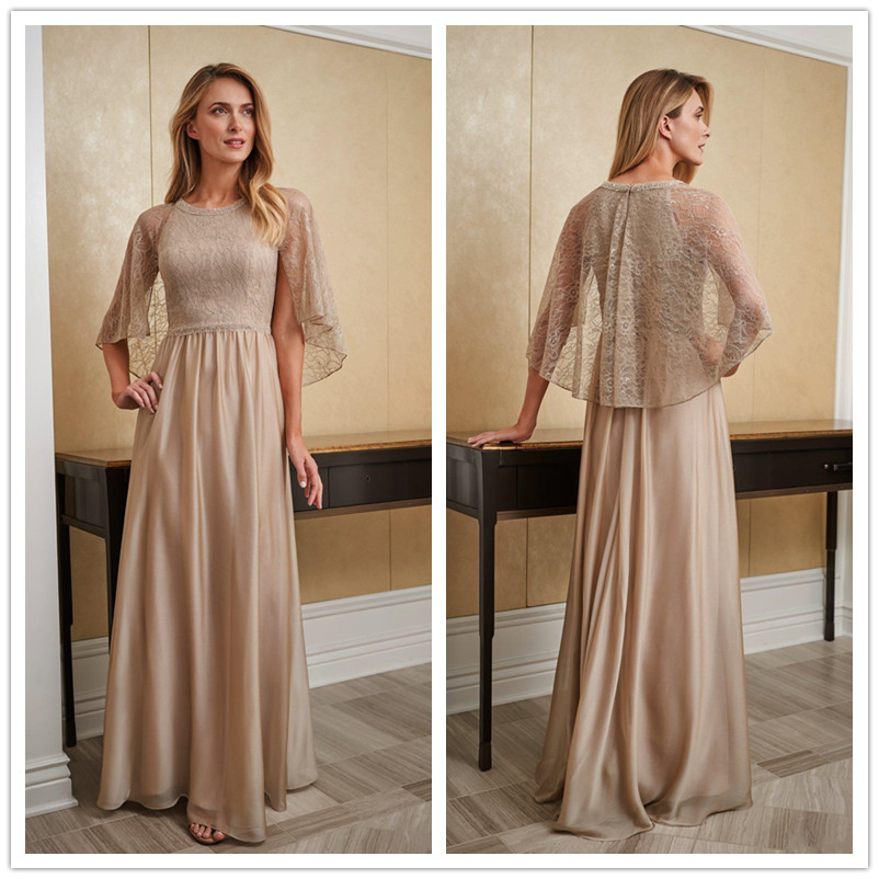 2020 Vintage Champagne Chiffon Mother Of The Bride Dresses Long Sleeves Floor Length Beaded Lace Mother Groom Evening Prom Dress