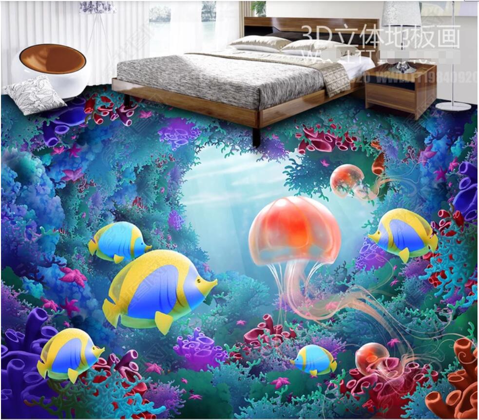 

3d pvc flooring custom photo Dream Underwater World Jellyfish 3D Floor Painting 3d wall murals wallpaper, Sky blue