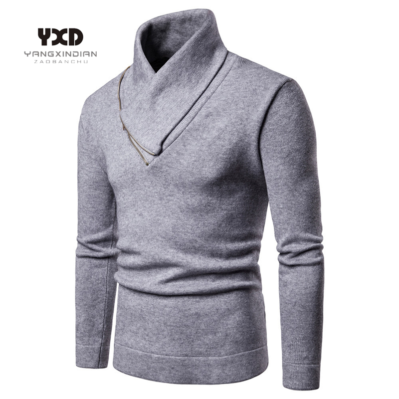 

Mens clothes Man Sweater Pullover Men Sweaters Jumper Men Neckline Diagonal zipper Solid Slim Fit Casual Knitted Pullovers Warm, Black