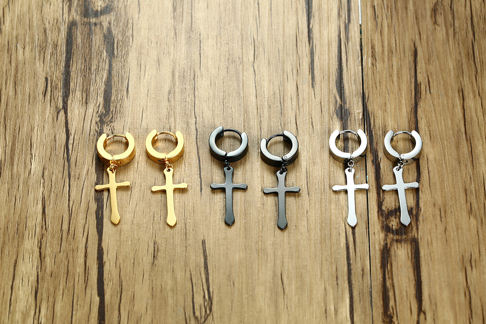 

Punk Men Stainless Steel Cross Earrings Simple Gold/Black/Silver Color Men's Hoop Earring Fashion Motor Biker Rock Party Jewelry