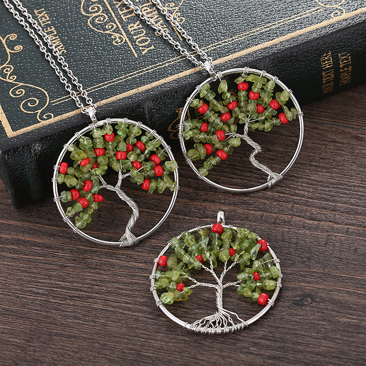 

Womens Different Design Natural Small Red Stone Tree Of Life Pendant Necklace with Free Gift