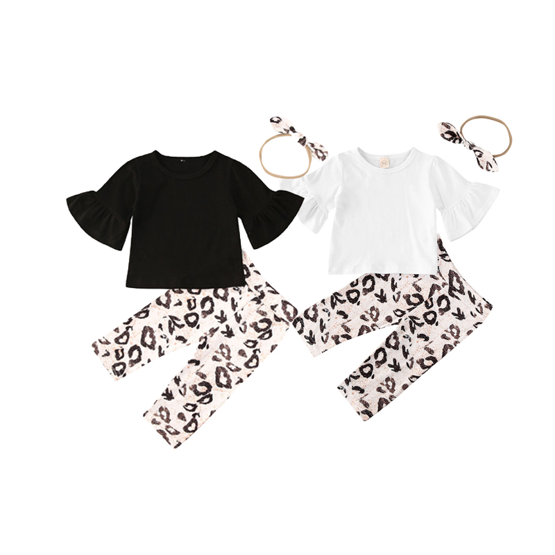 

Dropshipping Baby Girls Leopard Three Piece Suit Lacy Sleeve Pullover Top Loose Elastic Long Pants with Headband Set