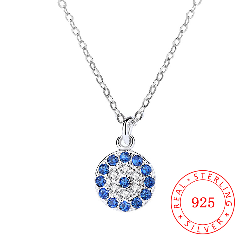 

925 Sterling Silver devil evil blue eye Pendant necklace CZ Stone Womens Cubic Zirconia round shape Turkish Jewelry