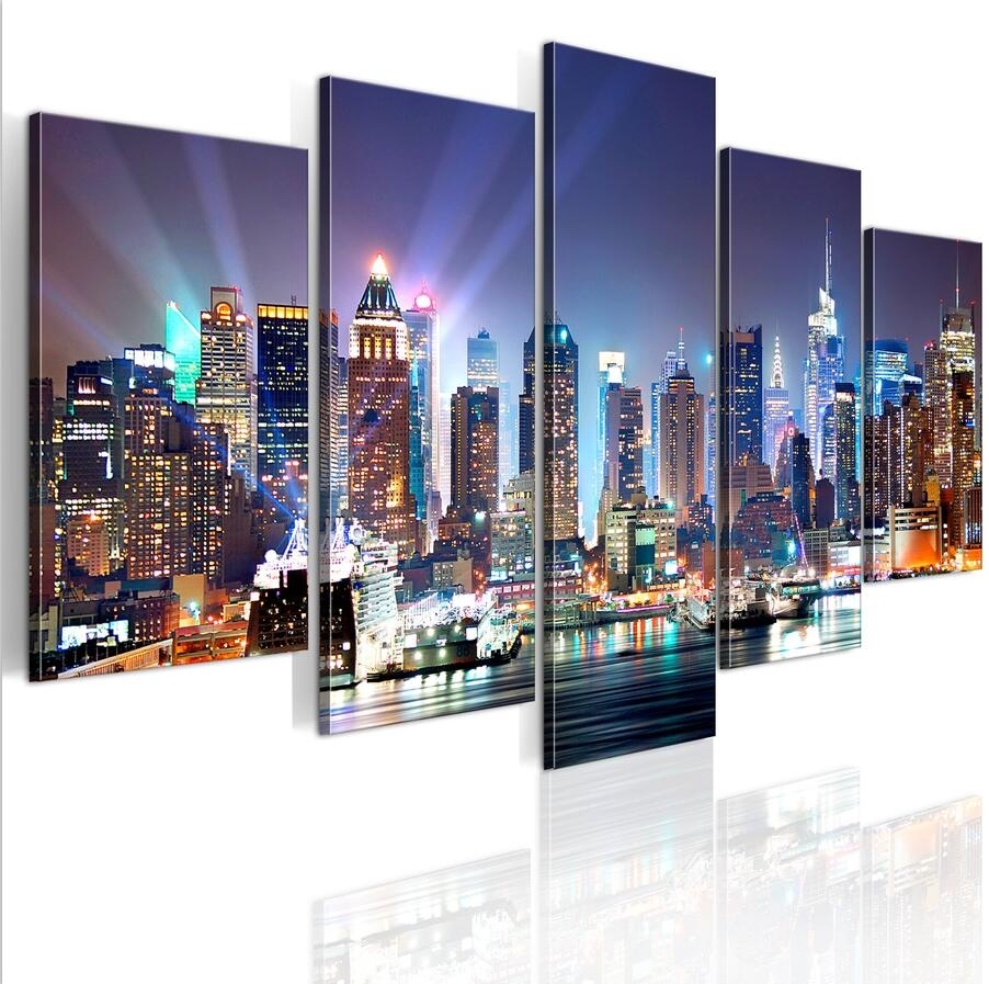 

( No Frame)5PCS/Set Modern Urban Architecture City in the Spotlight Art Print Poster Frameless Canvas Painting Wall Picture Home Decoration