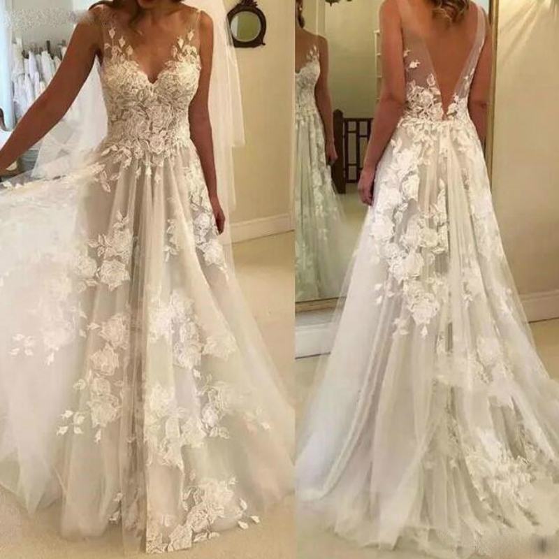 New Arrivals Appliques Lace Wedding Dresses Pricess Sexy Deep V-Neck Long Dress Beach Summer Bridal Gown Formal Party Vestido De Novia 2020