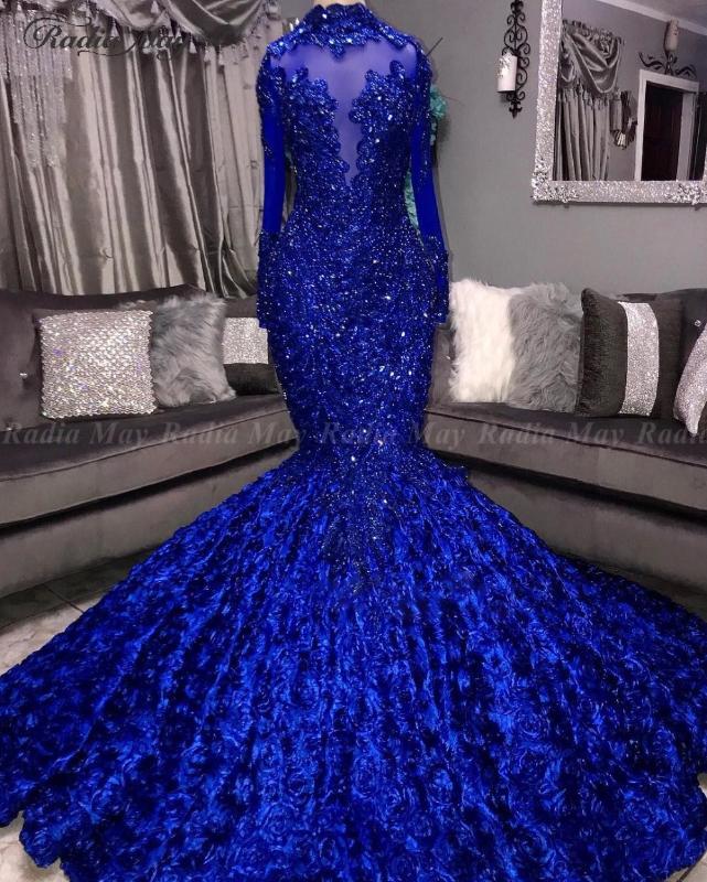 

Royal Blue 3D Floral Mermaid Prom Dresses Black Girls High Neck Long Sleeves African Plus Size Evening Formal Dress Court Train