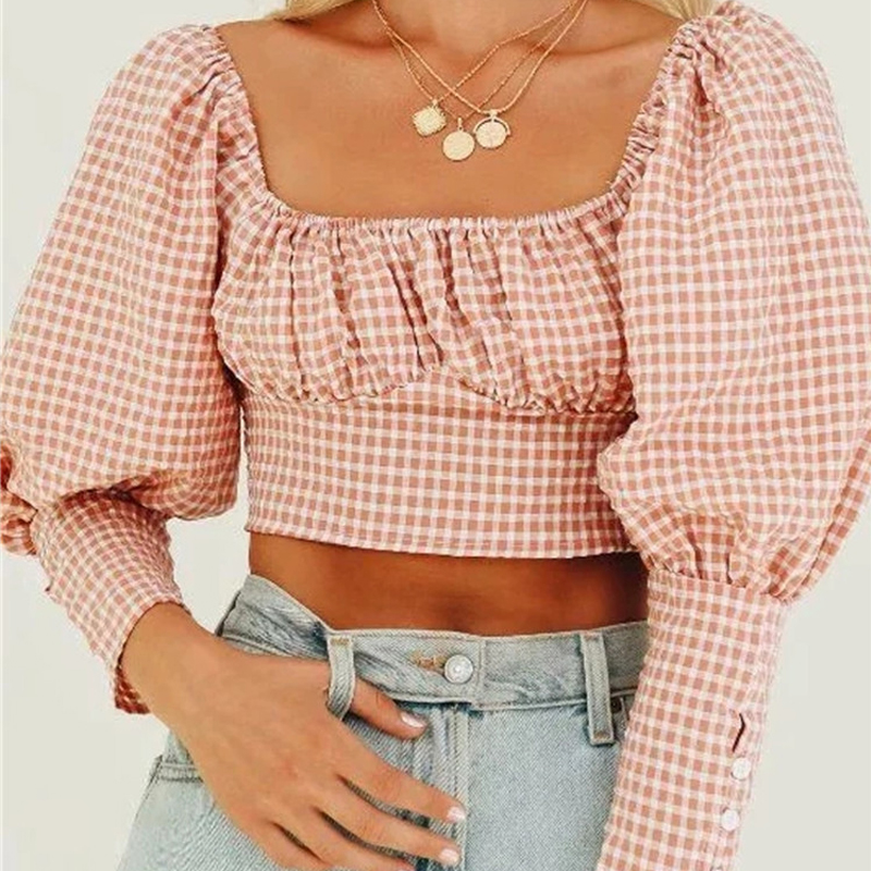 

Summer elegant fashion Retro square collar plaid short shirt sexy leaking umbilical blouse shirt womens tops and blouses 2019, Pink