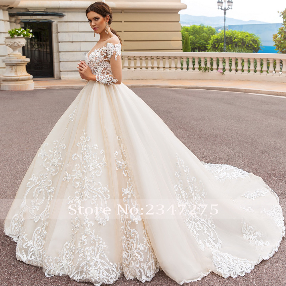 

Loverxu Sexy Backless Long Sleeve Ball Gown Wedding Dresses 2019 Scoop Neck Appliques Beaded Chapel Train Vintage Bridal Gowns, Royal blue